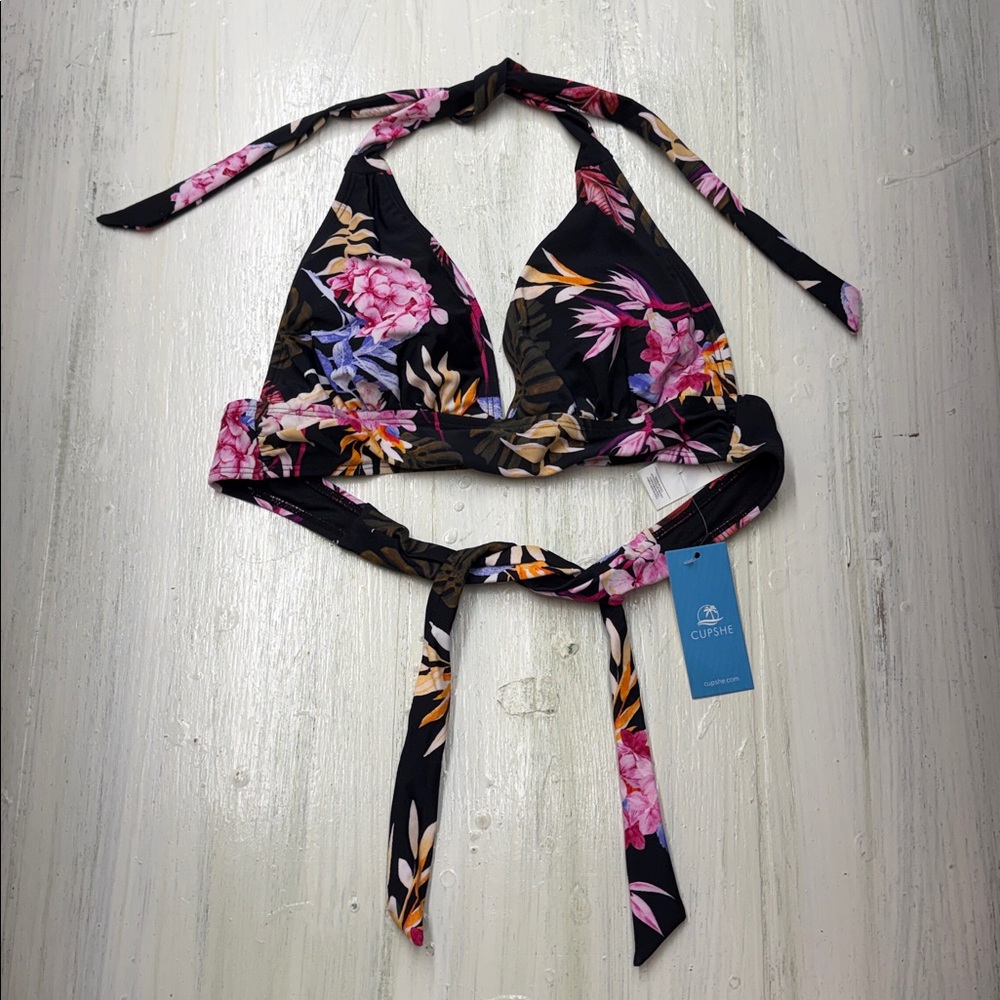 Cupshe Black Tropical Leaf Floral Print Bikini Top Sz S